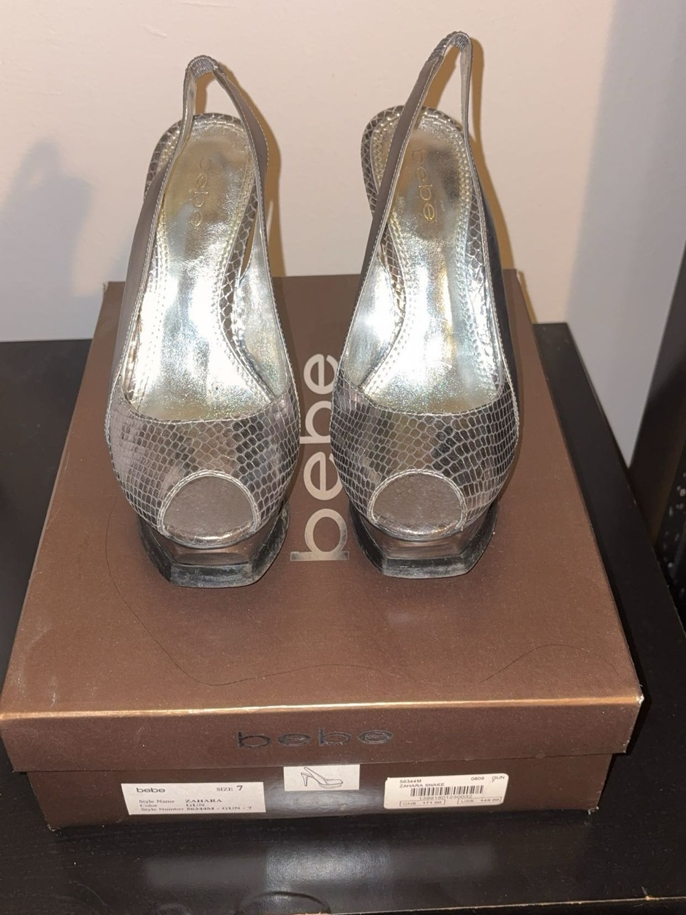 bebe Metallic Silver Snake-Embossed Peep-Toe Slingbacks